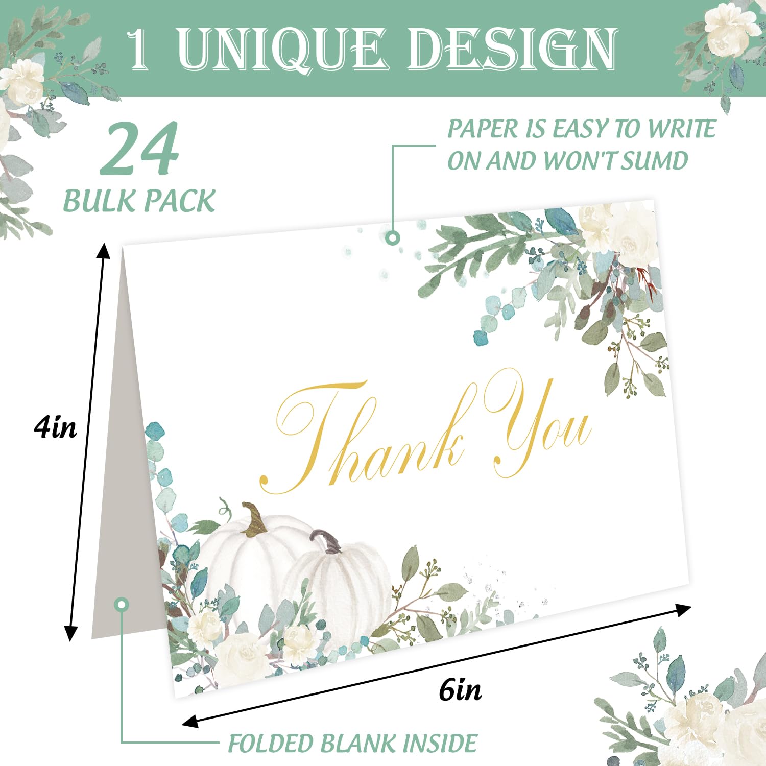 Quera 24 Pack Pumpkin Thank You Cards Fall Greeting Cards Autumn Floral Blank Note Cards With Envelopes Stickers For Baby Shower Wedding Birthday Party- 4x6 Inch