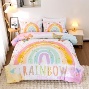 NTBED Rainbow Comforter Set with Sheets,5 Pieces Butterfly Bed in a Bag Twin Size for Girls, Lightweight Microfiber Kids Bedding Sets