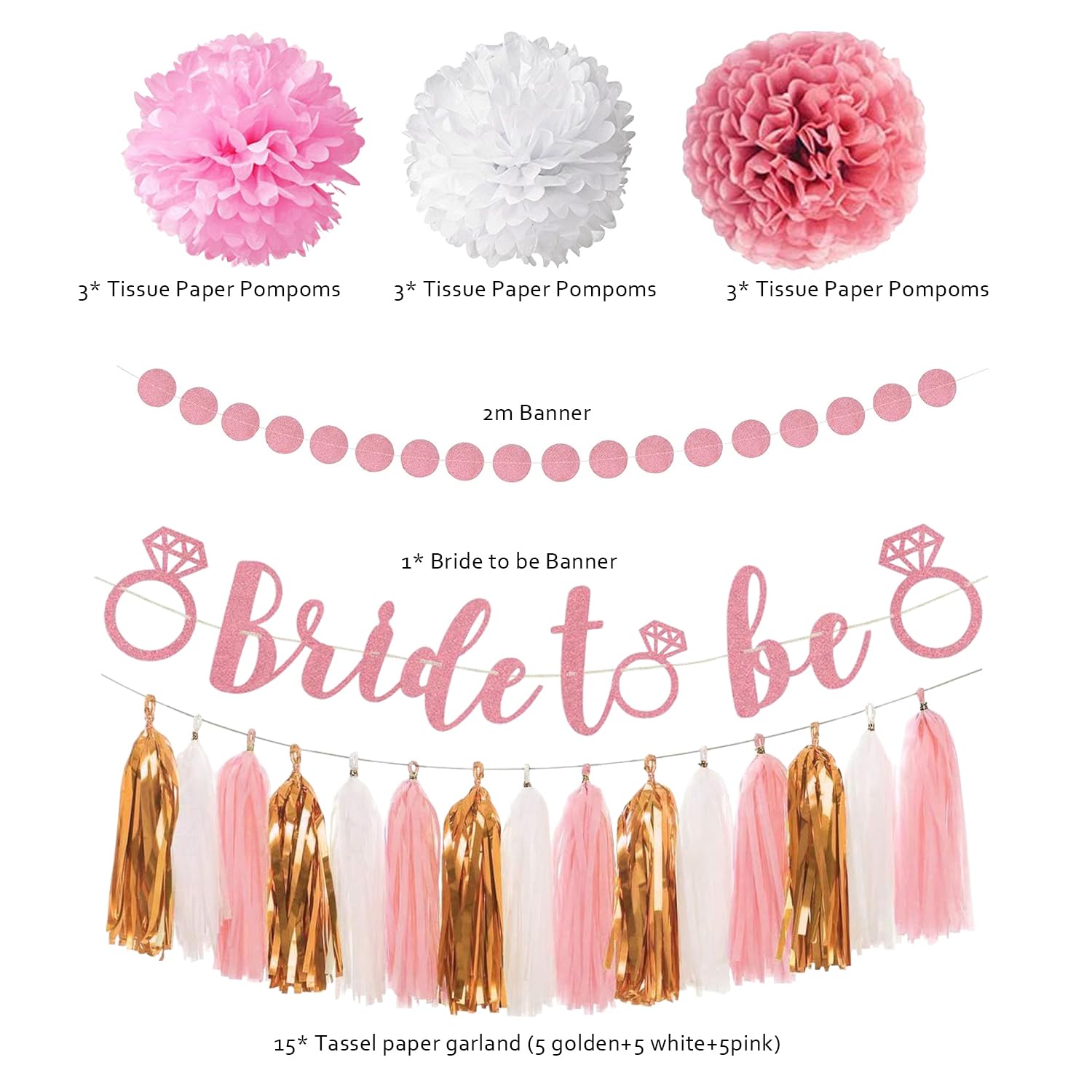 Toylin Bachelorette Party Decorations, Bridal Shower Decorations, Rose Gold Glittery Bride to Be banner, Tissue Paper Pom, Circle Dots Garland and Tassel Garland for Birthday Party Decorations