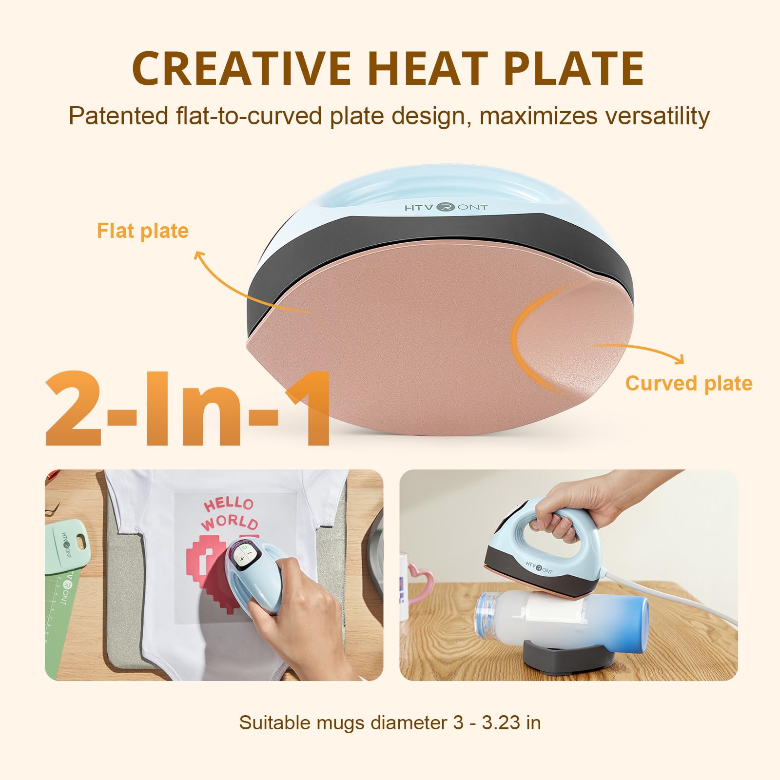 HTVRONT Mini Heat Press - 3 in 1 Heat Press Machine for T-Shirts Mugs Hats with Larger 2 in 1 Curved & Flat Heat Plate -Mini Iron Heat Press 3 Customized Temp & Time, Digital Display Memory Function