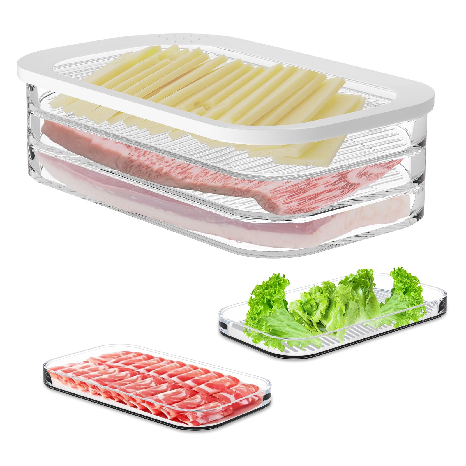 Japanese Lunch Meat Container for Refrigerator, 3 Layers Deli Meat Container for Fridge, Stackable Cold Cuts Storage Containers for Fridge, Deli Meat Container with Lid for Meat, Cold Cuts, 1 Pack