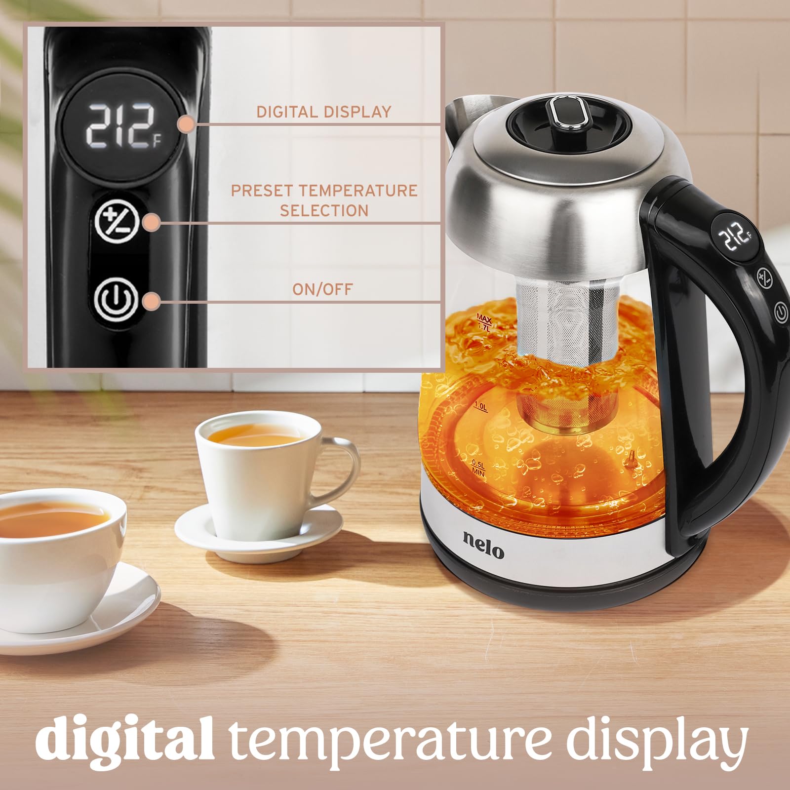 NELO Electric Kettle with Removable Tea Infuser, 7 Temperature Presets, Digital Display, LED Indicator Lights, Glass Tea Kettle & Hot Water Boiler, 360° Base, BPA-Free, Stainless Steel, 1.7 Liters