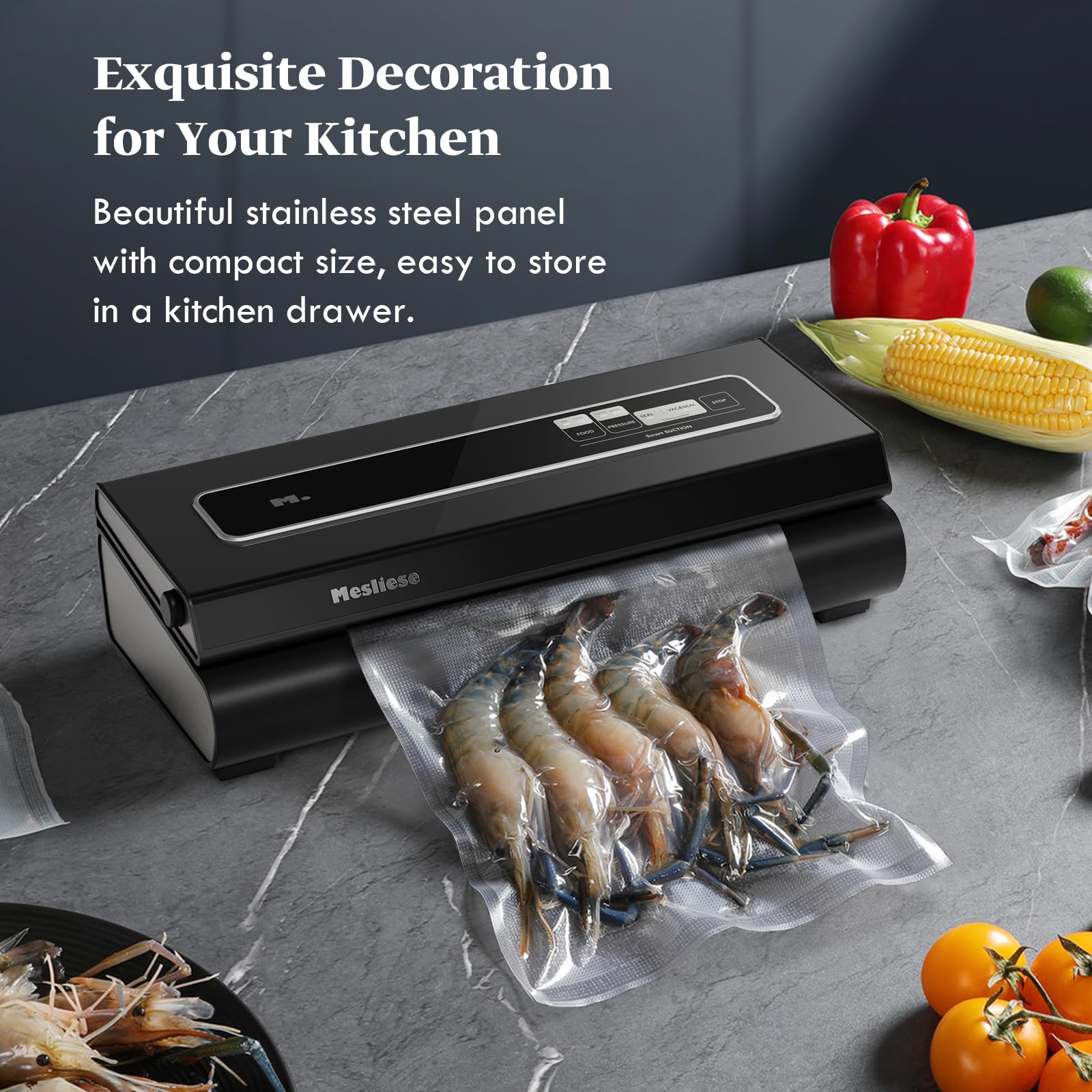 Mesliese Vacuum Sealer Machine 90Kpa 6-in-1 Compact Food Vacuum Sealing Preservation System with Cutter | 2 Bag Rolls | 5 Pre-cut Bags | Dry&Moist Modes | ETL Listed (Dark Gray)