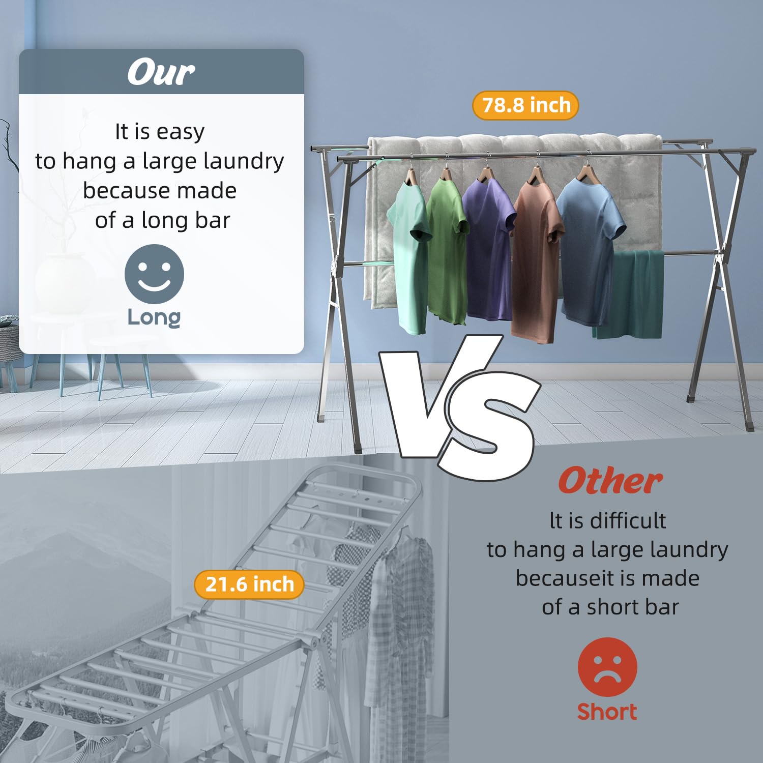 Unkqan Clothes Drying Rack,Heavy Duty Stainless Steel Garment Rack,Adjustable and Foldable Laundry Drying Rack for Indoor Outdoor Drying Rack Clothing with 20 Windproof Hooks (Silver, 79")