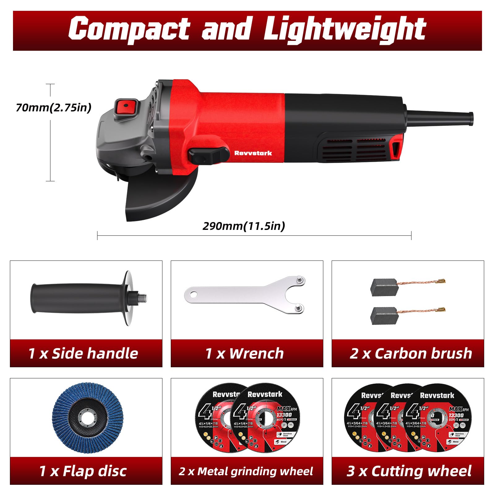 Revvstark Angle Grinder, 7.5-Amp 4 1/2 inch Electric Grinder Power Tools 12000 RPM with Cutting and Grinding Wheels, Flap Disc and Auxiliary Handle for Cutting, Grinding, Polishing