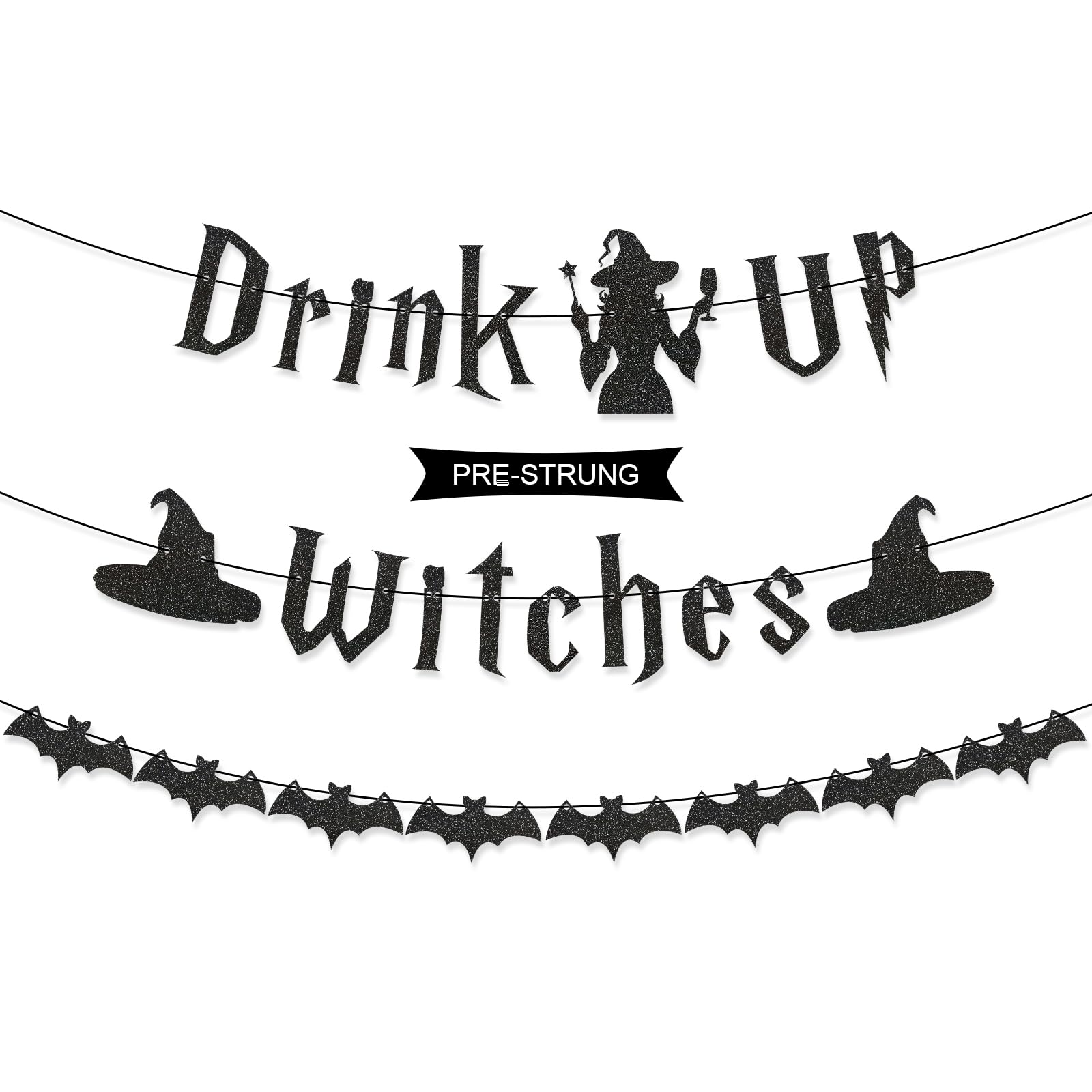 Stcomart Pre-Strung Glitter Drink Up Witches Banner for Halloween Witch Decorations, Witch Halloween Decor, Halloween Party Decorations, Black