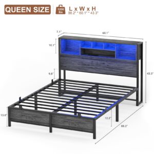 Homieasy Queen Size Bed Frame with Bookcase Headboard, Metal Platform Bed Frame Queen Size with Charging Station and LED Light, Heavy Duty Metal Slats, No Box Spring Needed, Noise-Free, Black Oak