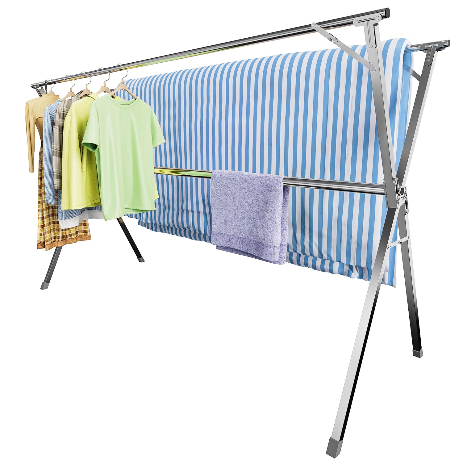 Unkqan Clothes Drying Rack,Heavy Duty Stainless Steel Garment Rack,Adjustable and Foldable Laundry Drying Rack for Indoor Outdoor Drying Rack Clothing with 20 Windproof Hooks (Silver, 79")