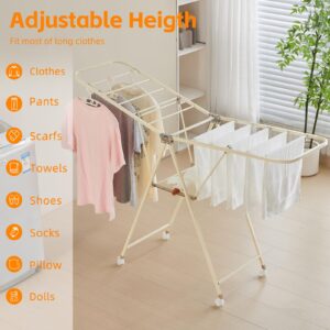 Kaixin Rabbit Foldable Clothes Drying Rack has 18 Rods，Waterproof and Rust-Proof Coating，Lockable Wheels，Steel Laundry Drying Rack，Collapsible for Easy Storage，Works Both Indoors and Out (Cream)