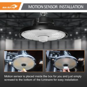 Run Bison LED High Bay Light with Motion Sensor, Adjustable Power 150w/200w/240w, 22500lm/30000lm/36000lm. 3CCT 3000K/4000K/5000K,0-10V Dimmable UFO High Bay Light with Preinstalled Hook - 8PK