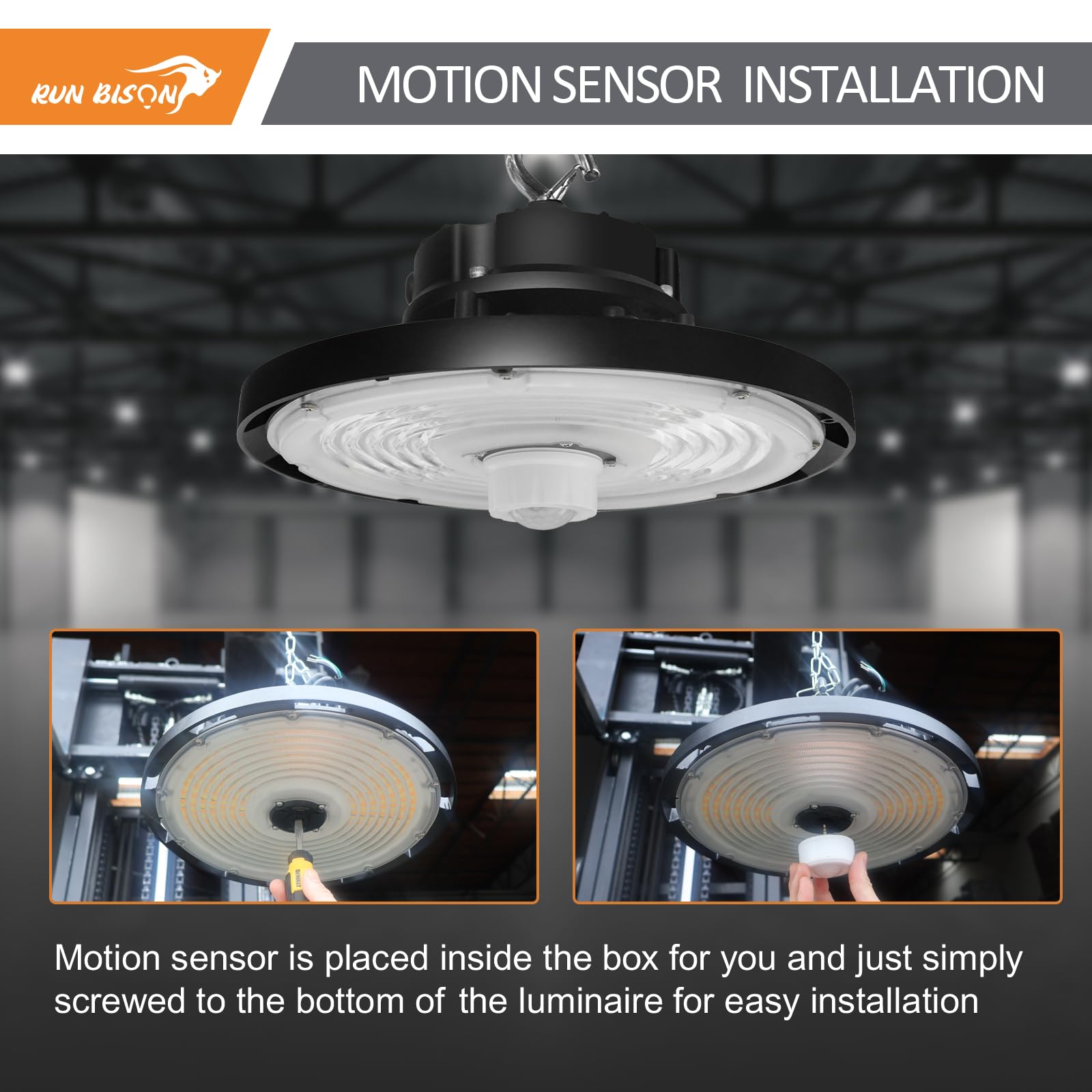 Run Bison LED High Bay Light with Motion Sensor, Adjustable Power 150w/200w/240w, 22500lm/30000lm/36000lm. 3CCT 3000K/4000K/5000K,0-10V Dimmable UFO High Bay Light with Preinstalled Hook - 8PK