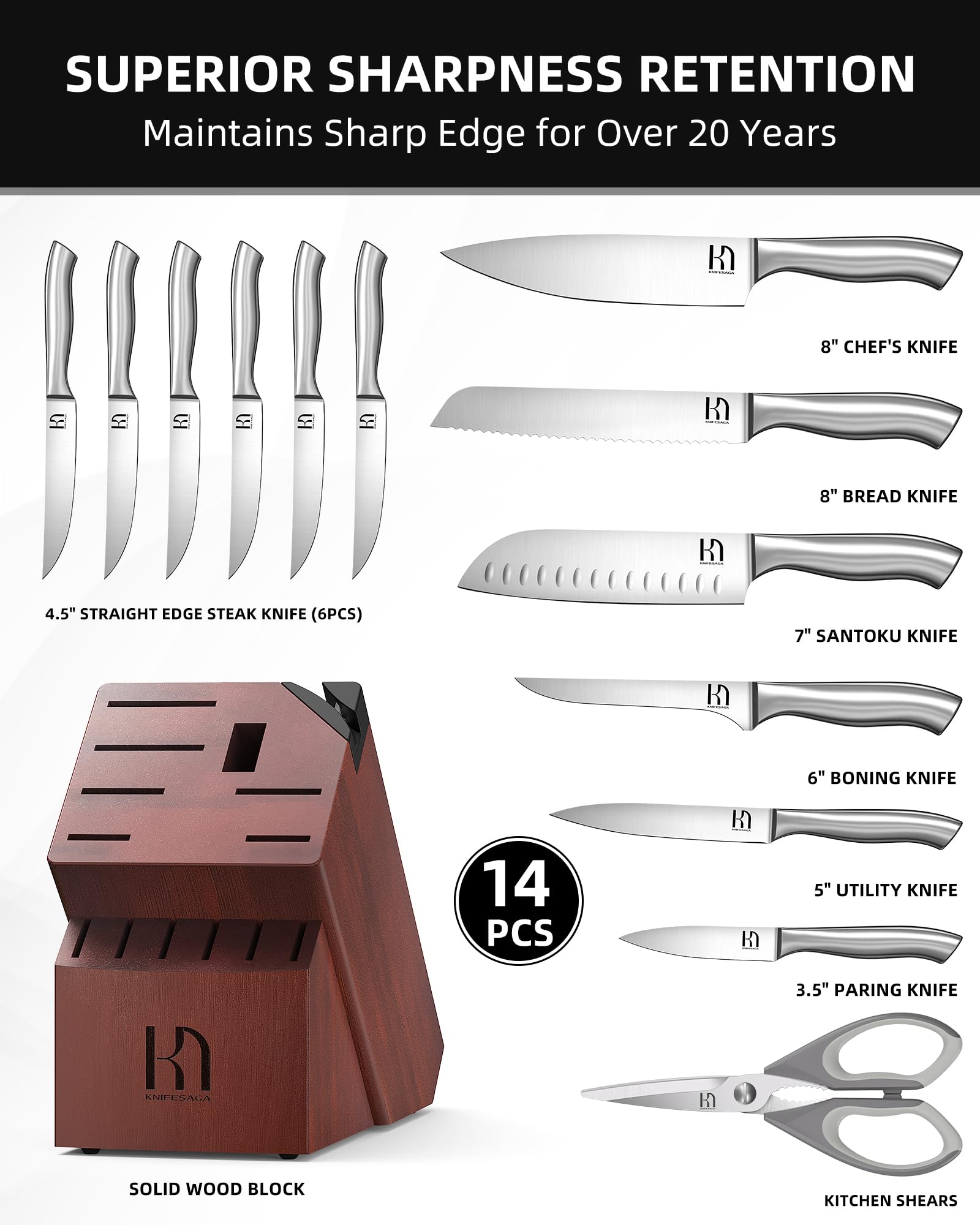 KnifeSaga Kitchen Knife Block Set, Enduring Sharpness Premium Knife Set with Block, 14 Pcs Japanese High Carbon Stainless Steel Knives Set for Kitchen, Chef Knife Set with Block and Built in Sharpener