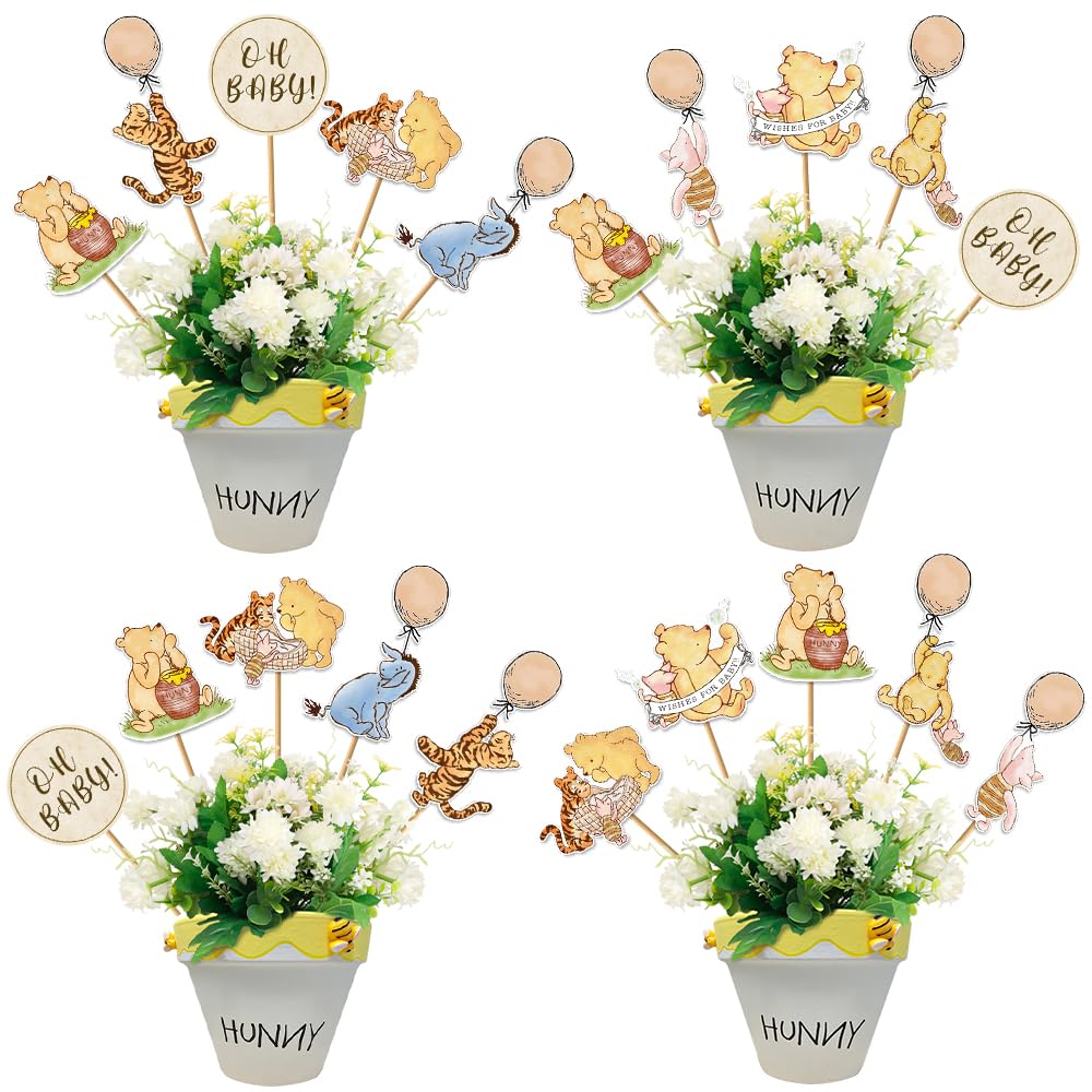 UEBTGRNN Winnie themed 16pcs cake topper, Centerpieces stick table toppers for baby shower and birthday party