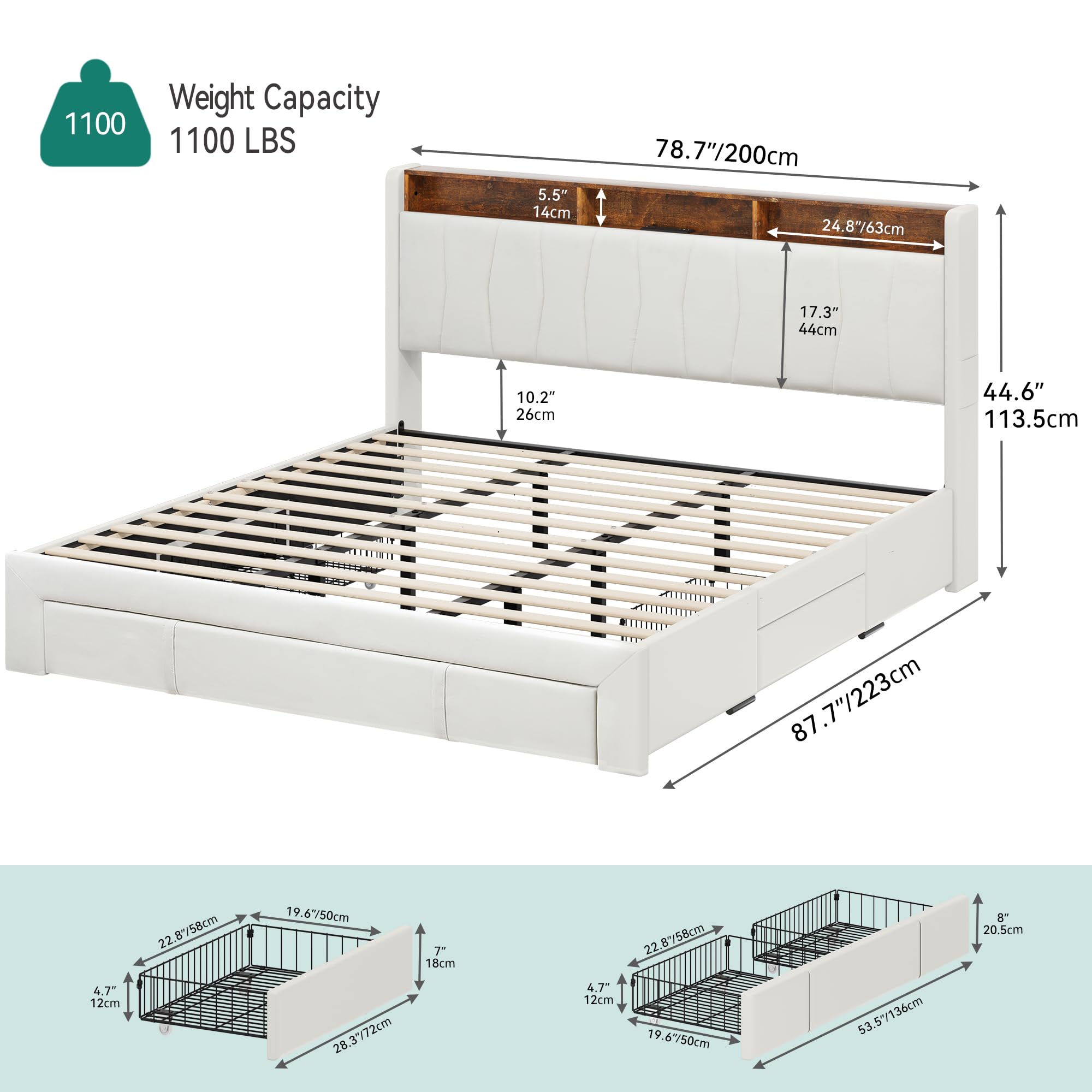 DWVO LED Bed Frame King Size, Storage Bed Frame with 4 Drawers & LED Light, Upholstered Platform Bed with Storage Bookcase Headboard and Charging Station, No Box Spring Needed, Easy Assembly, Beige