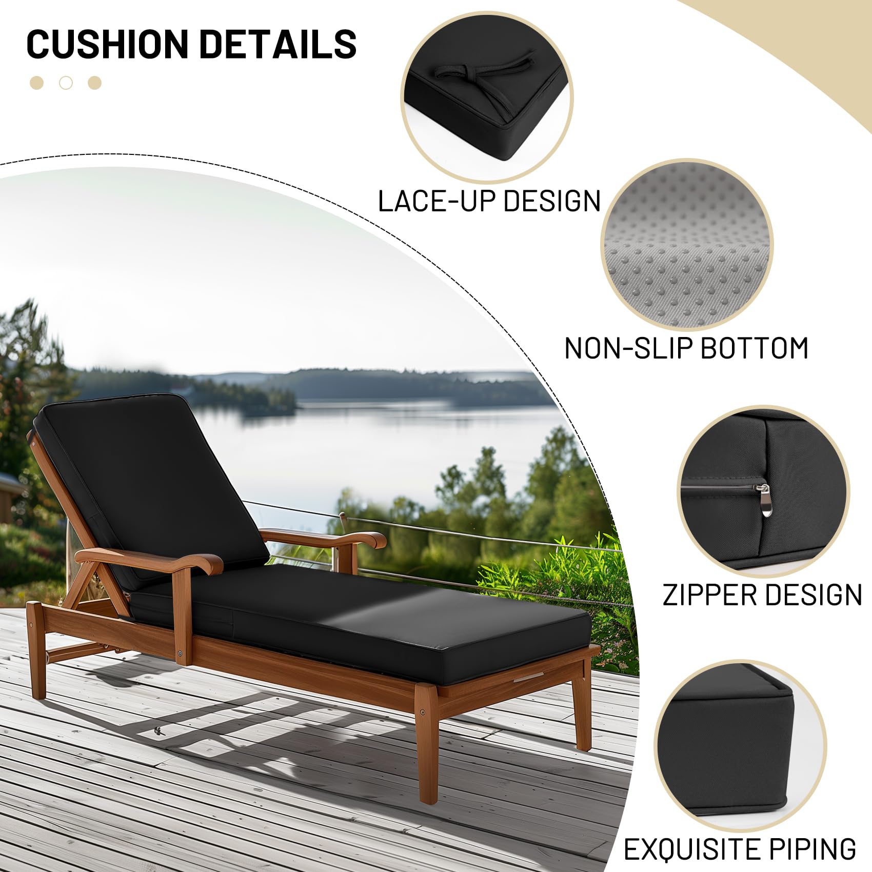 Lokex Chaise Lounge Cushions Outdoor, Waterproof Removable Chaise Lounge Cushion, 72x21x3 Inch Lounge Chair Cushions for Outdoor Furniture Comes with Lace-up Straps and Anti-Slip Bottom