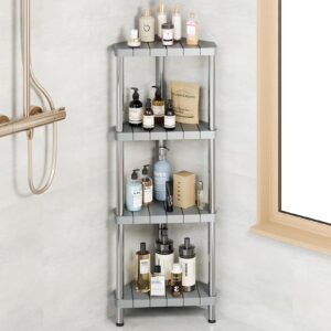 mystozer corner shower caddy, 4 tier floor standing corner shower caddy organizer for bathroom shampoo storage, waterproof stainless steel floor corner stand rack for bathroom balcony kitchen, grey