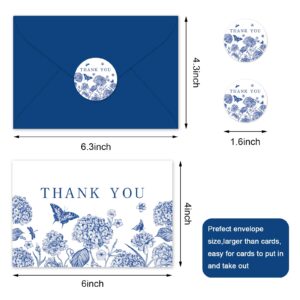 Whaline 24Pcs Blue Floral Thank You Cards with Envelopes and Stickers Blue Flower Butterfly Greeting Cards Vintage Blank Note Cards for Wedding Bridal Baby Shower