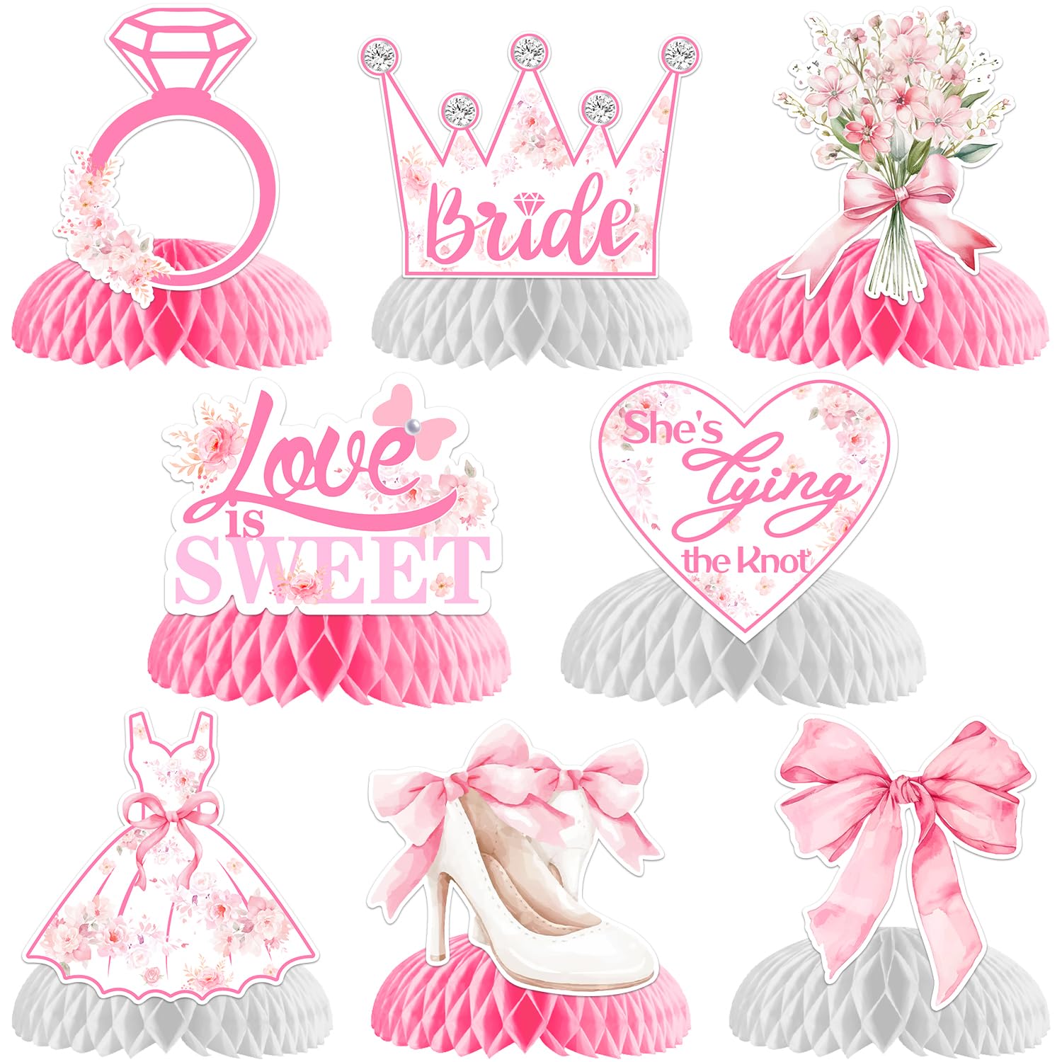 She's Tying the Knot Bachelorette Party Decorations Pink Bow Honeycomb Centerpieces Floral Diamond Ring Love Is Sweet Table Decor for Girls Bachelorette Bridal Shower Engagement Wedding Party Supplies