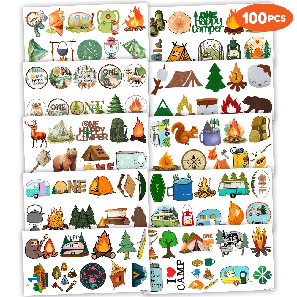 Cute Camper Temporary Tattoos Camping First Birthday Party Decorations Favors Supplies 1st Themed Stickers 10 Sheets 100 PCS Gifts for Baby Kids Girls Boys Decor Class School Carnival Christmas