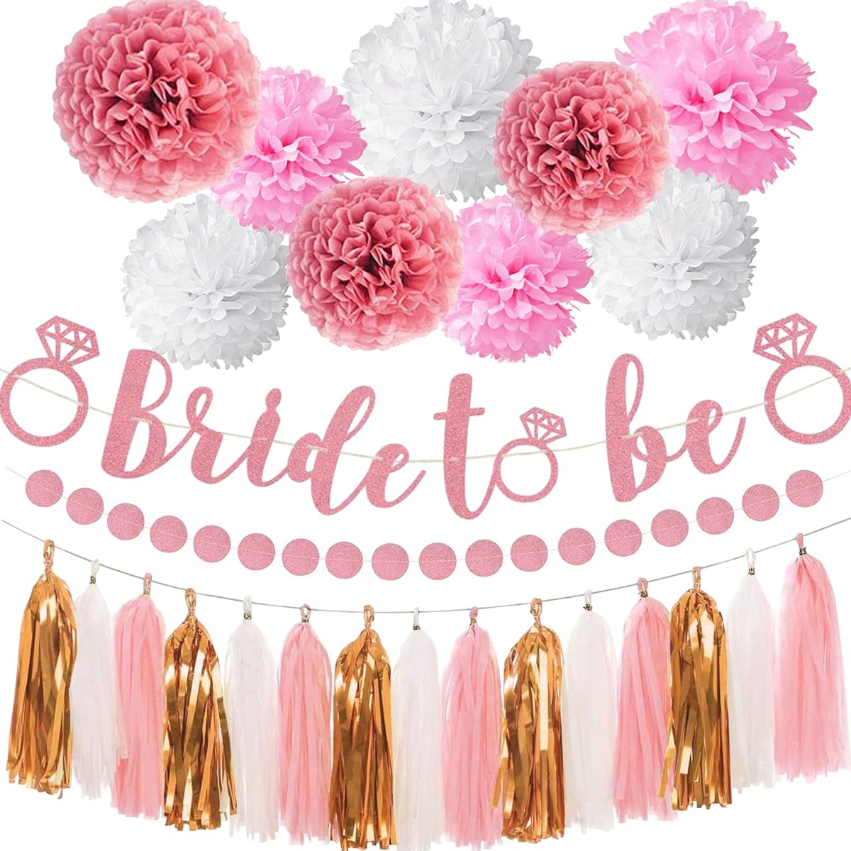 Toylin Bachelorette Party Decorations, Bridal Shower Decorations, Rose Gold Glittery Bride to Be banner, Tissue Paper Pom, Circle Dots Garland and Tassel Garland for Birthday Party Decorations