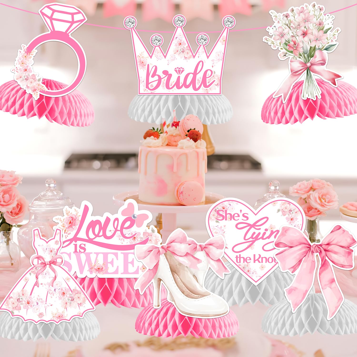 She's Tying the Knot Bachelorette Party Decorations Pink Bow Honeycomb Centerpieces Floral Diamond Ring Love Is Sweet Table Decor for Girls Bachelorette Bridal Shower Engagement Wedding Party Supplies