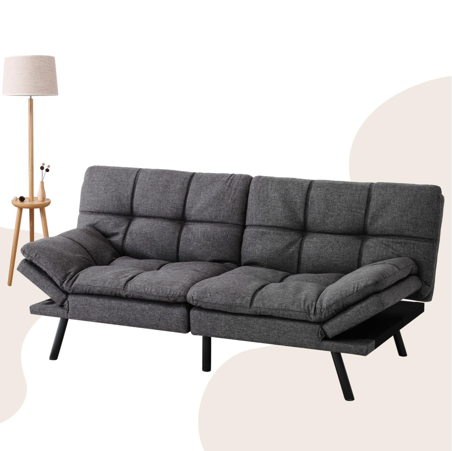 MUUEGM Modern Futon Sofa Bed with Loveseat, Sleeper Sofa for Living Room,Adjustable Backrests and Armrests, Memory Foam Lounge Sofa Couch in Dark Gray Linen Fabric.(Dark Gray, Fabric)