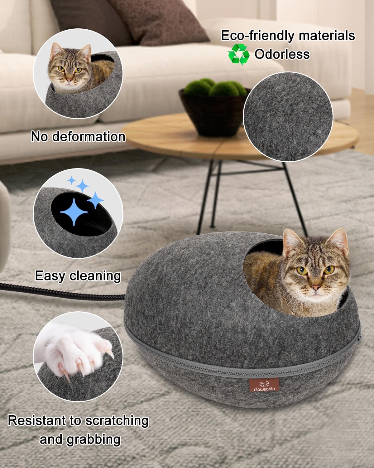 clawsable Heated Cat Bed for Large Cats, 19" Detachable Cave Heated Pet Bed with Time & Temp Adjustable Pet Heating Pad for Indoor Cat, Electric Cat Bed Heater Warmer for Cat