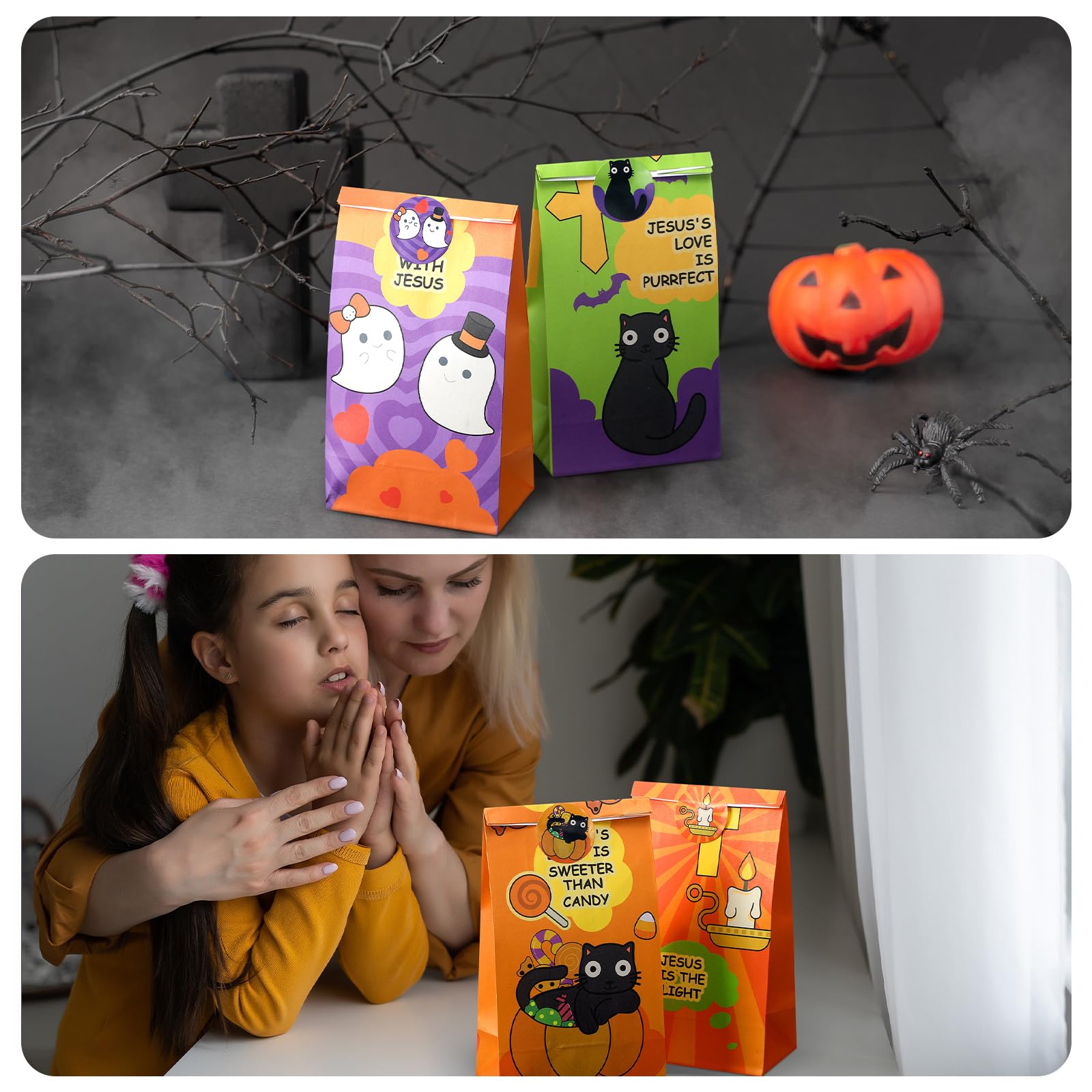 Spakon 36 Pcs Religious Halloween Candy Bag Party Favors with 36 Stickers Trick or Treat Candy Favor Bag Filler Paper Supplies for Religious Halloween Theme Party Decorations Gifts to Friends