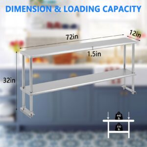 Agrestem Stainless Steel Double Shelf,72 Inch Restaurant Kitchen Shelf, Supports Up to 800 Pounds, NSF Commercial Adjustable Double Shelf 2 Tier for Restaurant, Kitchen and Workshop, Silver