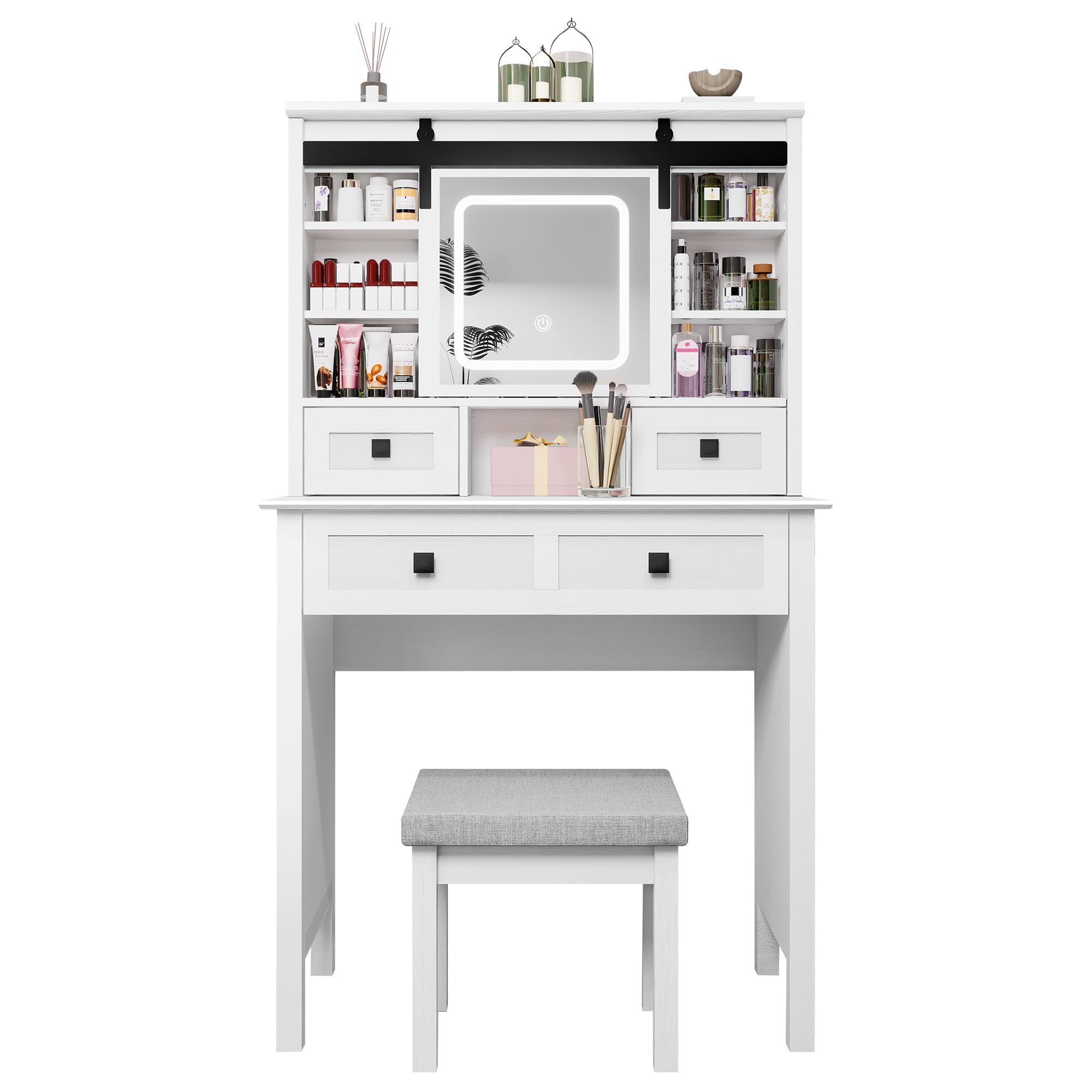 MECHYIN Farmhouse Makeup Vanity Desk with Sliding Mirror, Vanity Set with Stool & Charging Station & 3 Brightness Lights, Ample Storage, Dressing Table for Women Girls Bedroom, White