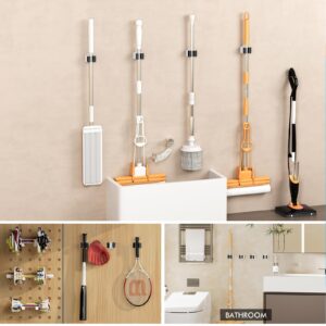 Adhesive Broom Holder Wall Mount - 9 Pack White Mop Hanger Cleaning Tools Handle Grippers Organizers - Heavy Duty Metal Broom Clip Hooks for Laundry Room Utility Closet Garage Garden Bathroom