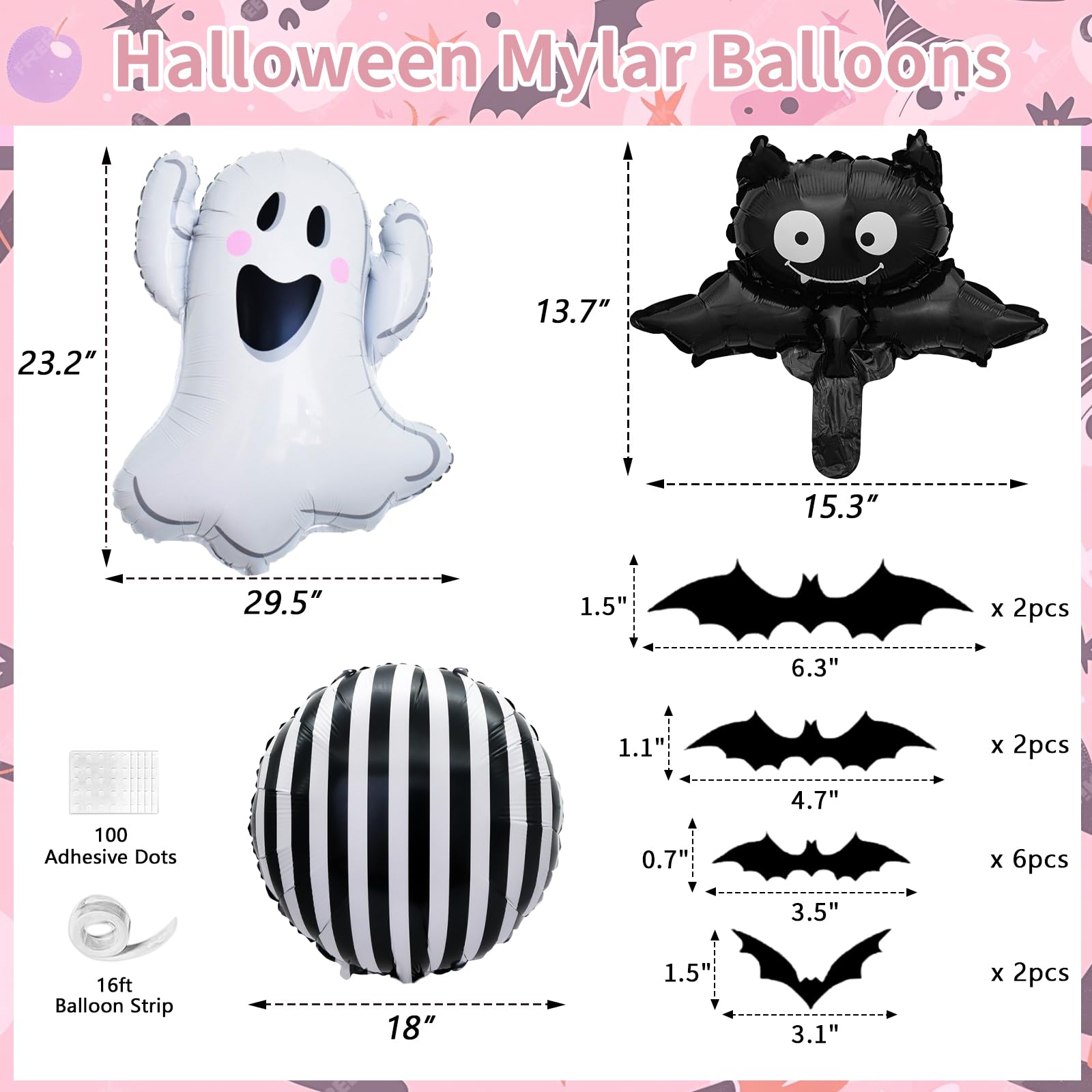 Double Stuffed Pink Halloween Balloon Arch Kit 142Pcs Pink Orange Purple Balloons with Bat Ghost Stripe Foil Balloons Bat Stickers for Spooky A Little Boo Ghost Theme Birthday Baby Shower Halloween