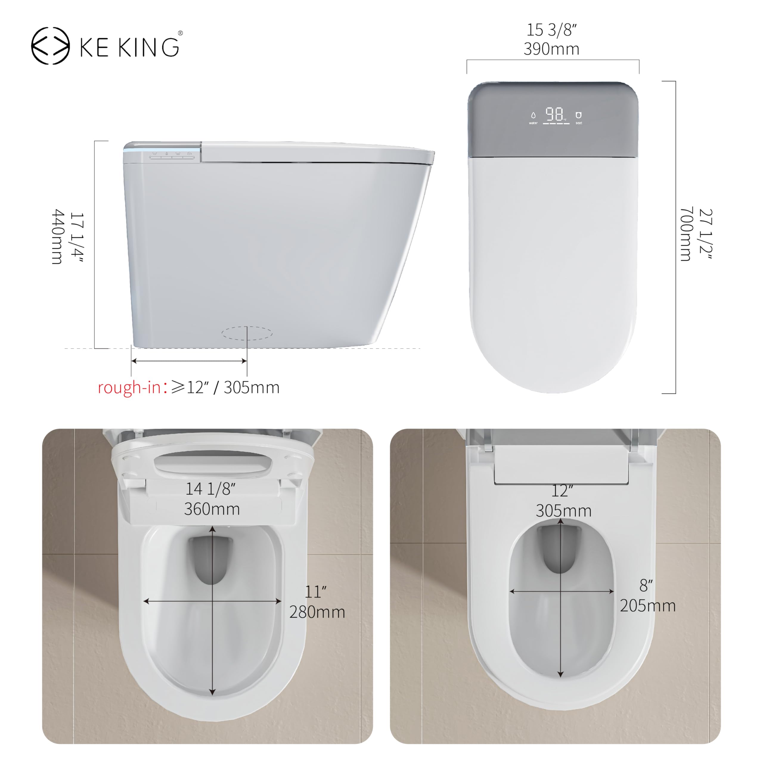 KE KING Smart Toilet with Bidet Built-in, Auto Dual Flush, Auto Open & Close Bidet Toilet with Heated Seat, Instant Warm Water, Remote Control, ADA Height Tankless Toilet