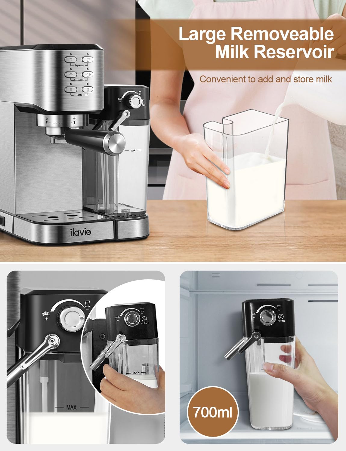 ILAVIE Espresso Machine with Integrated Automatic Milk Frother 6 in 1, 20 Bar Espresso Cappuccino Latte Maker with 24 oz Detachable Milk Reservoir, Ideal for Home Use