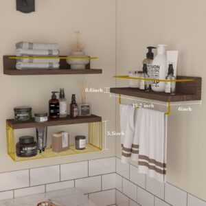 PopiShelves Bathroom Shelves Over Toilet for Wall, Floating Shelves with Storage Basket Paper Holer for Kitchen Living Room, Bedroom & Classroom, Set of 3 (Brown and Gold)