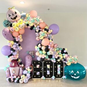 Double Stuffed Pink Halloween Balloon Arch Kit 142Pcs Pink Orange Purple Balloons with Bat Ghost Stripe Foil Balloons Bat Stickers for Spooky A Little Boo Ghost Theme Birthday Baby Shower Halloween