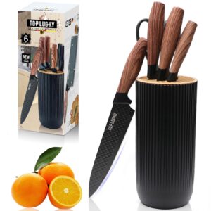 knife set, koudhug 6 pieces kitchen knife set with universal knife block, super sharp chef knifes for home and kitchen, best cooking knife set, anti-rust stainless steel professional knife set (black)