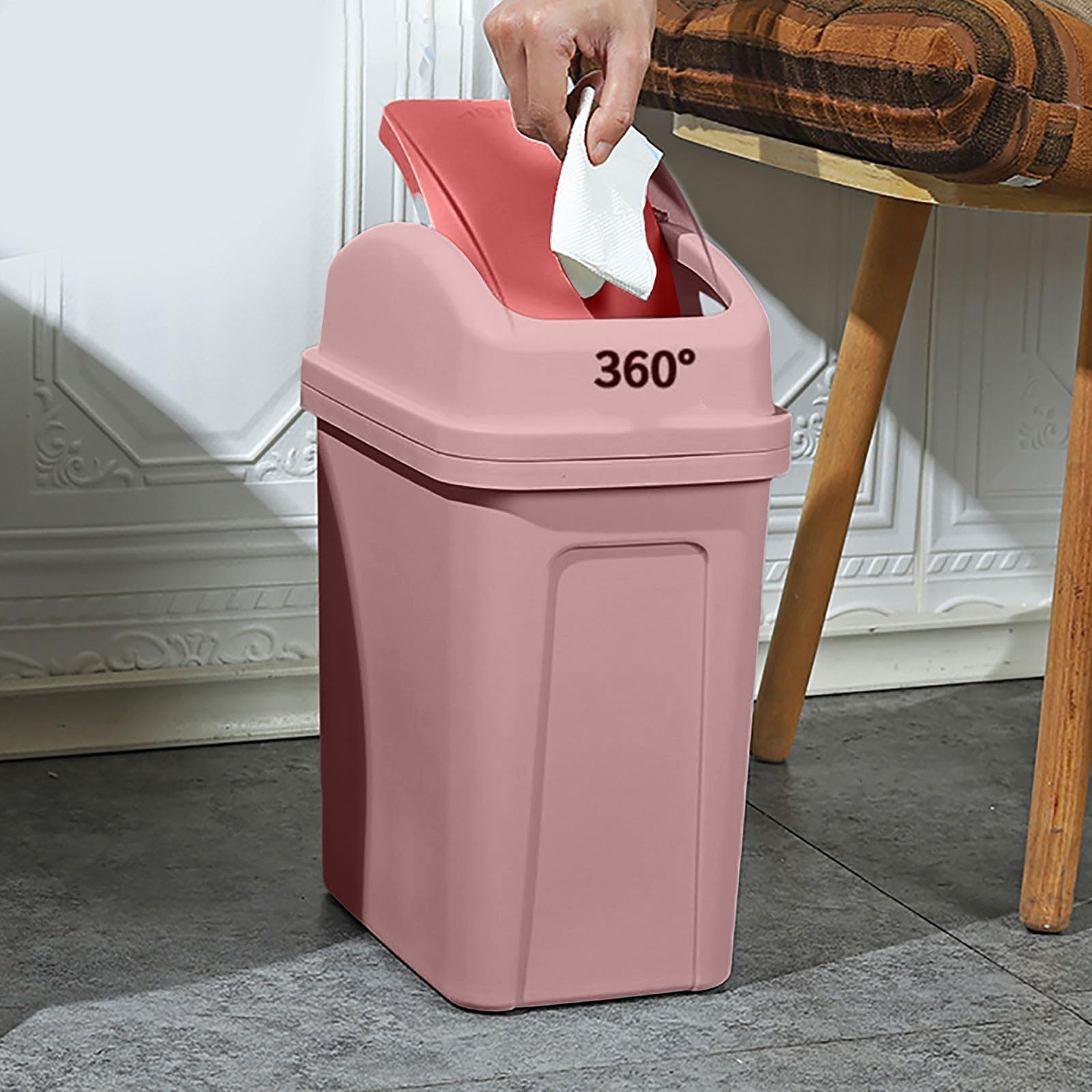 13 Gallon Trash Can, 2024 Upgraded Plastic Swing Top Kitchen Garbage Trash Can, Trash Can for Kitchen, Top Garbage Bin for Counter top, Coffee Area, Bathroom, Office & Home, Kitchen, Bedroom (Pink)