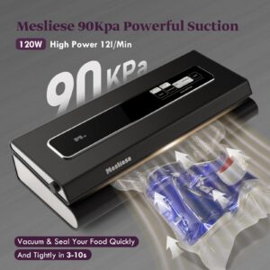 Mesliese Vacuum Sealer Machine 90Kpa 6-in-1 Compact Food Vacuum Sealing Preservation System with Cutter | 2 Bag Rolls | 5 Pre-cut Bags | Dry&Moist Modes | ETL Listed (Dark Gray)