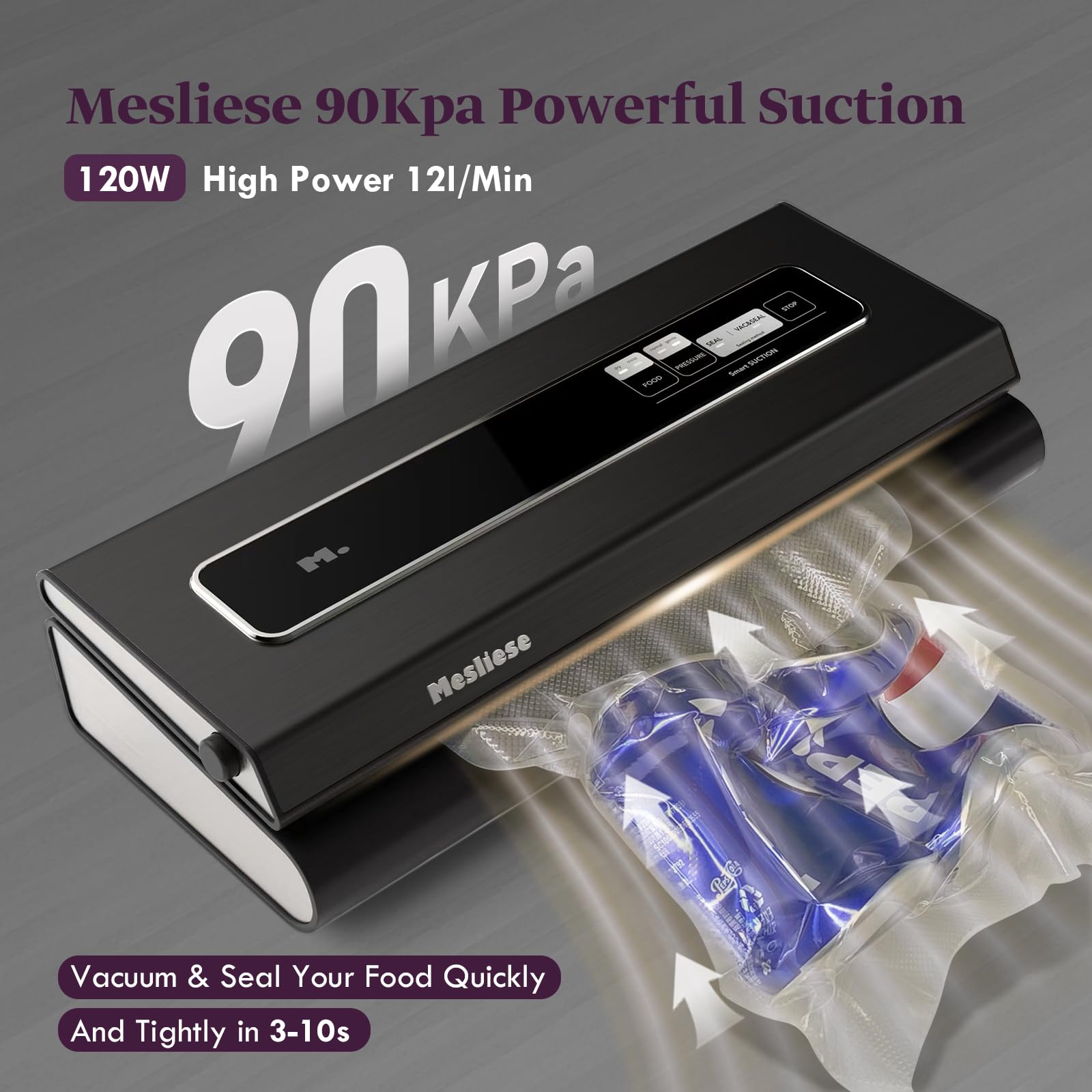 Mesliese Vacuum Sealer Machine 90Kpa 6-in-1 Compact Food Vacuum Sealing Preservation System with Cutter | 2 Bag Rolls | 5 Pre-cut Bags | Dry&Moist Modes | ETL Listed (Dark Gray)