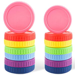 14 pack 7 wide mouth & 7 regular mouth mason jar lids, suitable for ball, kerr and more, with silicone rings, leak proof plastic storage cap, 86mm &70mm, reusable jar lid tops, colored caps for mason