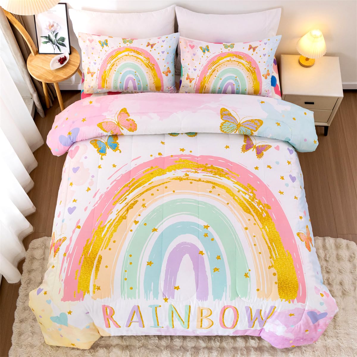 NTBED Rainbow Comforter Set with Sheets,5 Pieces Butterfly Bed in a Bag Twin Size for Girls, Lightweight Microfiber Kids Bedding Sets