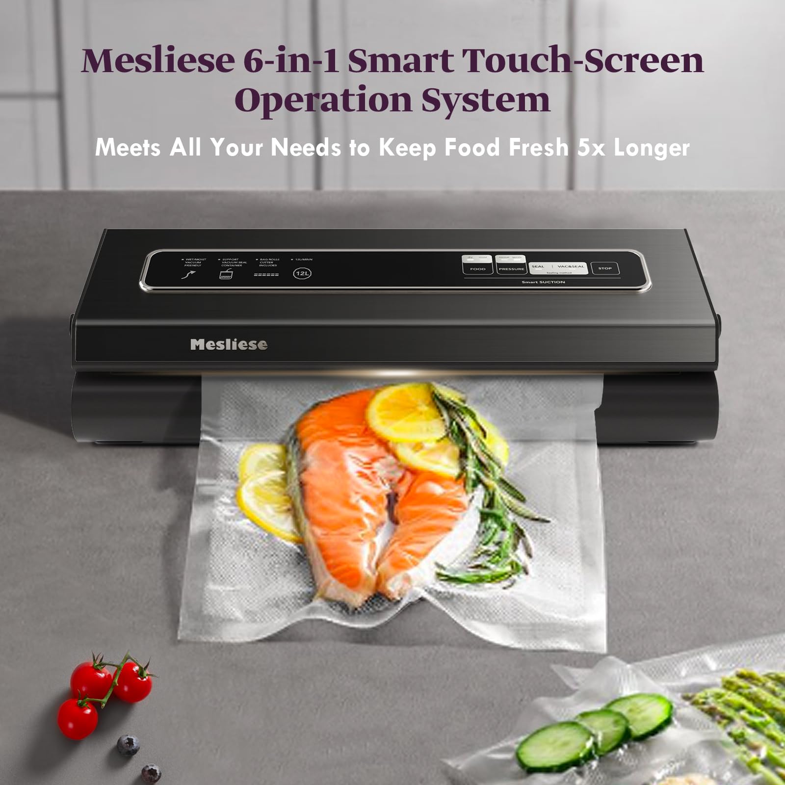 Mesliese Vacuum Sealer Machine 90Kpa 6-in-1 Compact Food Vacuum Sealing Preservation System with Cutter | 2 Bag Rolls | 5 Pre-cut Bags | Dry&Moist Modes | ETL Listed (Dark Gray)