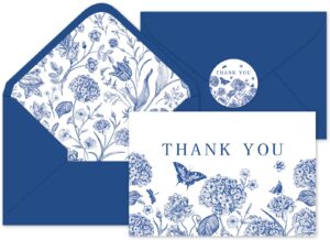 whaline 24pcs blue floral thank you cards with envelopes and stickers blue flower butterfly greeting cards vintage blank note cards for wedding bridal baby shower