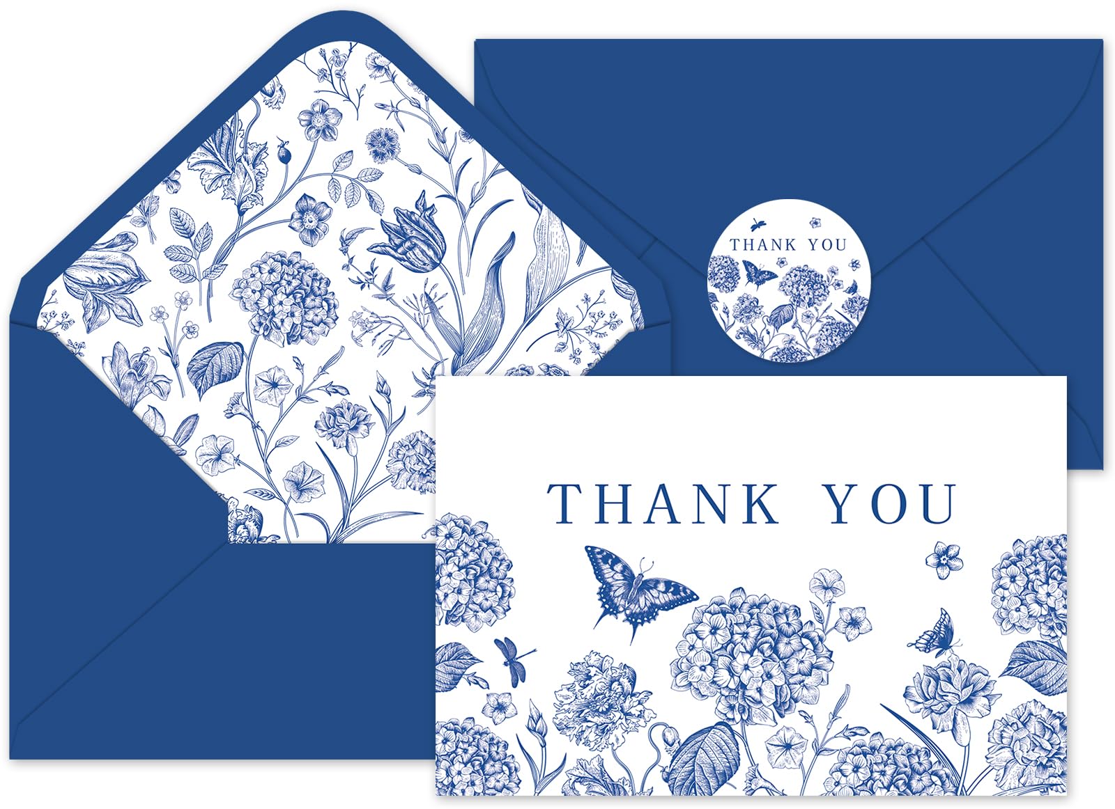 Whaline 24Pcs Blue Floral Thank You Cards with Envelopes and Stickers Blue Flower Butterfly Greeting Cards Vintage Blank Note Cards for Wedding Bridal Baby Shower