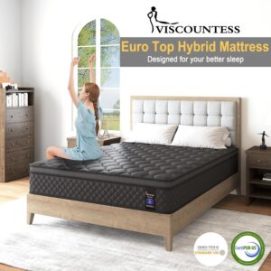 VISCOUNTESS Queen Mattress, 12 Inch Hybrid Mattress Black, Euro Top Mattress Medium Firm for Back & Lumbar Support, 100 Night Trial, Individual Pocket Spring Bed for Motion Isolation & Pressure Relief