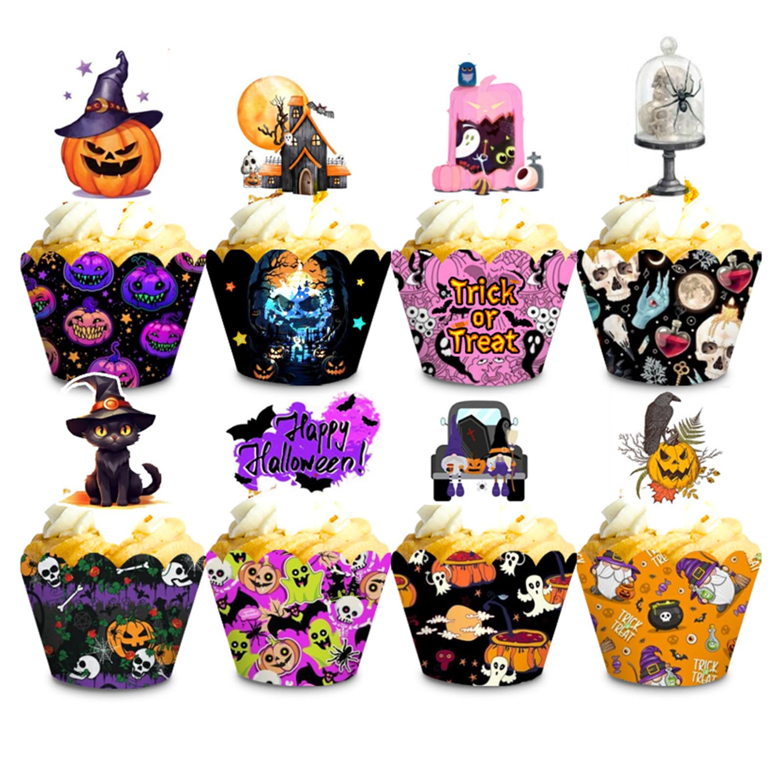 48Pcs Halloween Cupcake Toppers and Liners, Halloween Cupcake Decorations, Cake Toppers for Halloween Birthday Party, Baby Shower, Spooky One Birthday