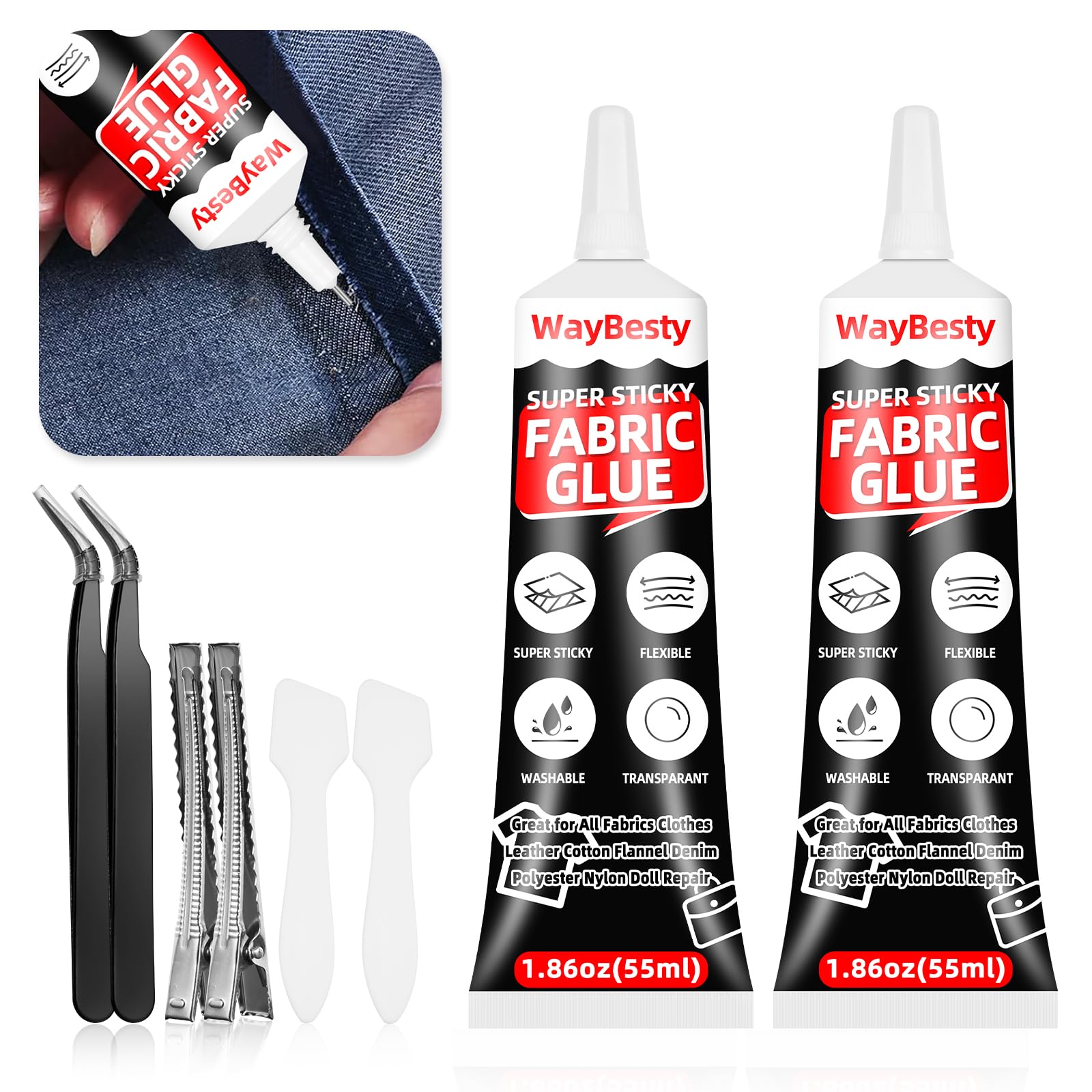 Fabric Glue, Strong Fabric Adhesive Permanent Washable Clear Clothing Glue for All Fabrics, Cotton, Flannel, Denim, Leather, Polyester, Doll Repair,Rhinestones, Patches, Waterproof Fabric Glue (2pcs)