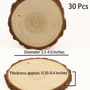 Natural Wood Slices 30 Pcs 3.5-4 Inches Craft Unfinished Wood Kit Predrilled Wooden Rounds with Bark, Wood Circles with Hole, Wood Slices for Crafts Ideal for DIY Projects, Christmas Ornaments