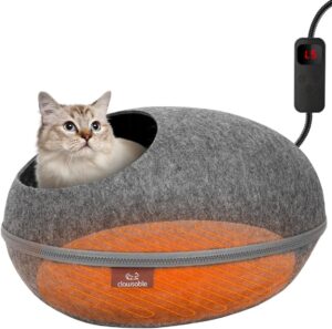 clawsable heated cat bed for large cats, 19" detachable cave heated pet bed with time & temp adjustable pet heating pad for indoor cat, electric cat bed heater warmer for cat